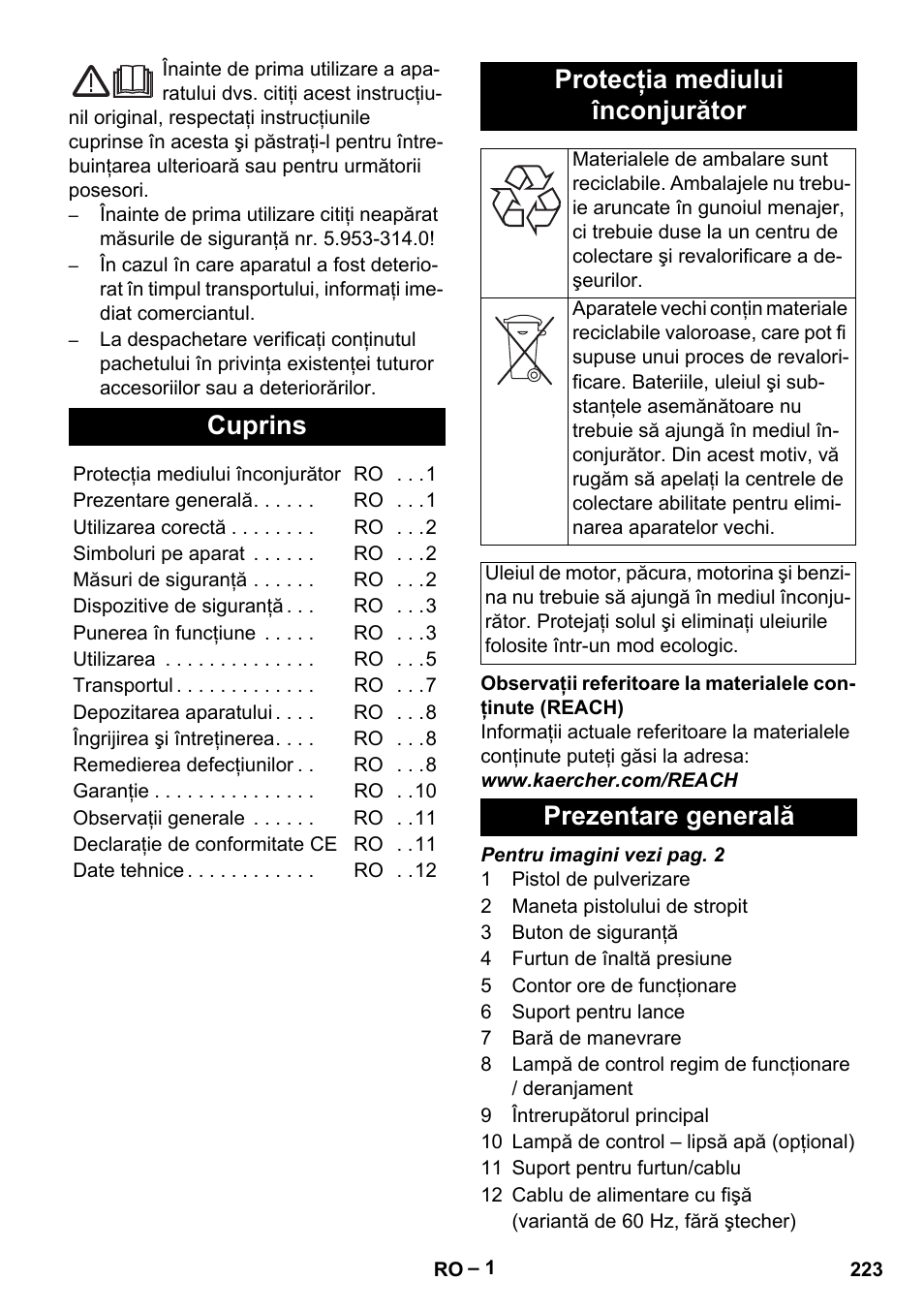 Româneşte, Românete, Cuprins | Protecţia mediului înconjurător, Prezentare generală | Karcher HD 13-35-4 User Manual | Page 223 / 344