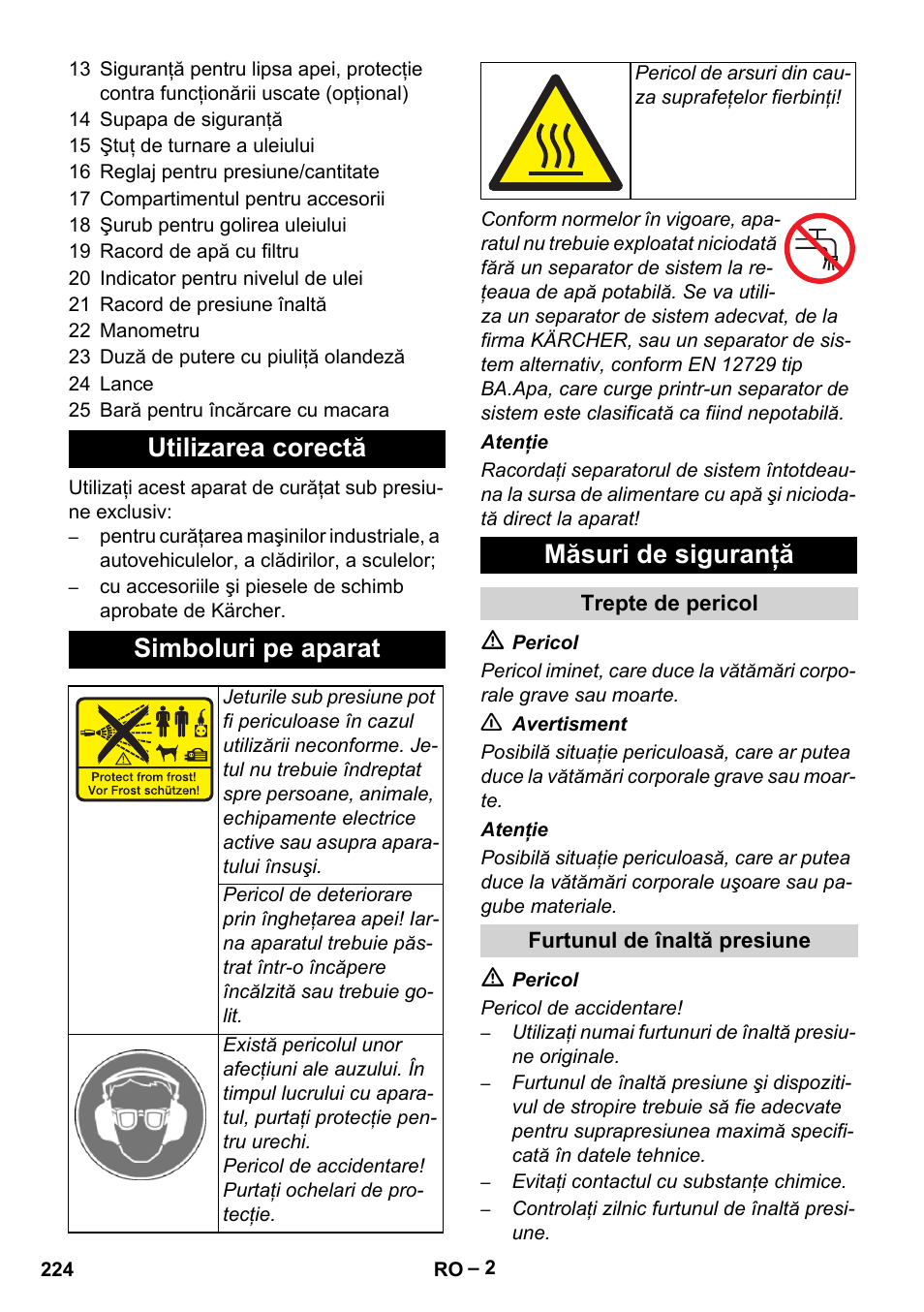 Utilizarea corectă simboluri pe aparat, Măsuri de siguranţă | Karcher HD 13-35-4 User Manual | Page 224 / 344