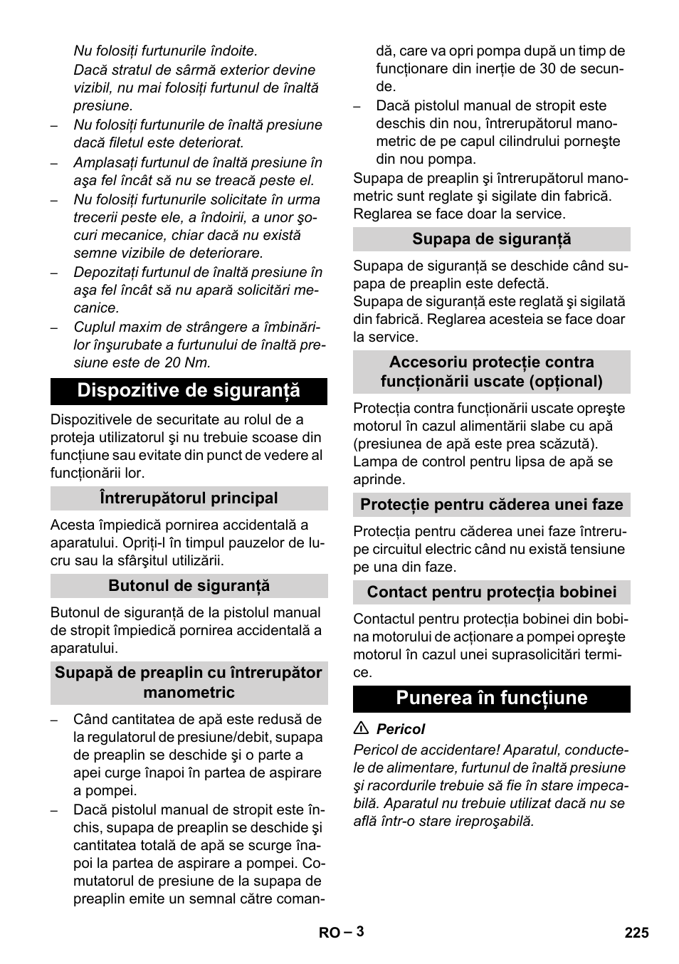 Dispozitive de siguranţă, Punerea în funcţiune | Karcher HD 13-35-4 User Manual | Page 225 / 344