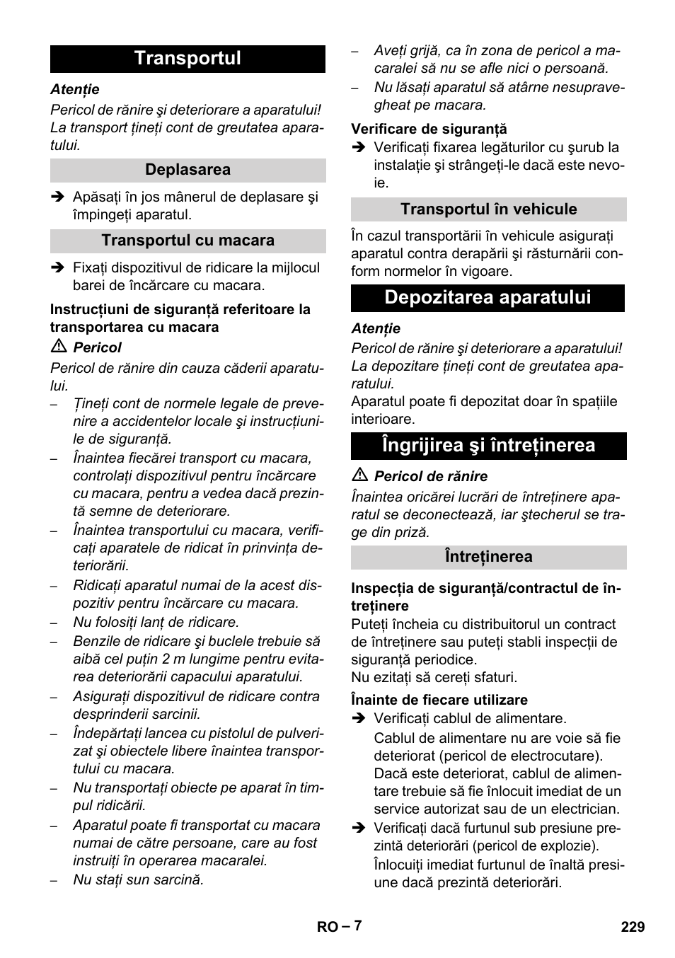 Transportul, Depozitarea aparatului îngrijirea şi întreţinerea | Karcher HD 13-35-4 User Manual | Page 229 / 344