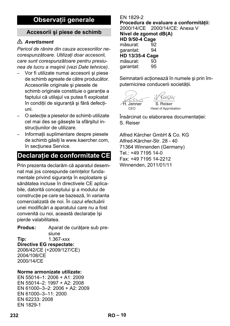 Observaţii generale, Declaraţie de conformitate ce | Karcher HD 13-35-4 User Manual | Page 232 / 344