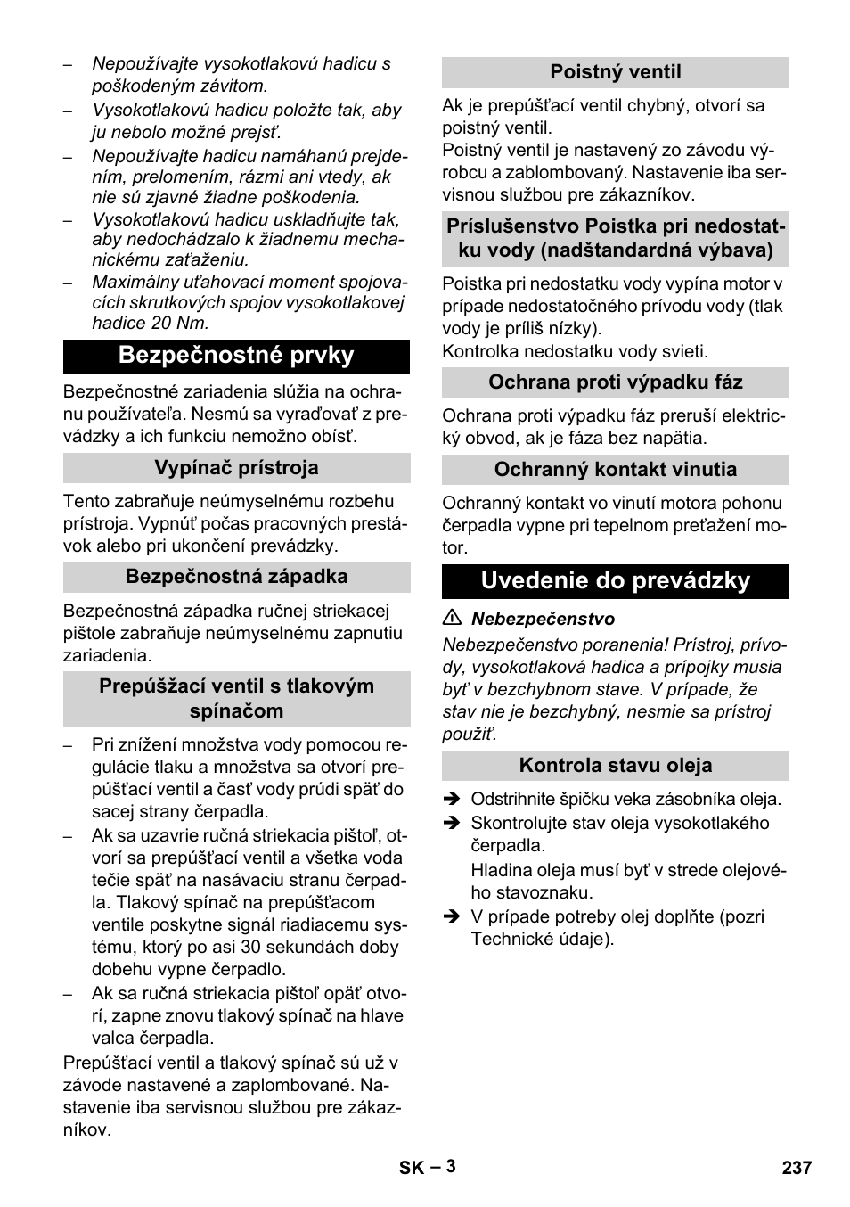 Bezpečnostné prvky, Uvedenie do prevádzky | Karcher HD 13-35-4 User Manual | Page 237 / 344