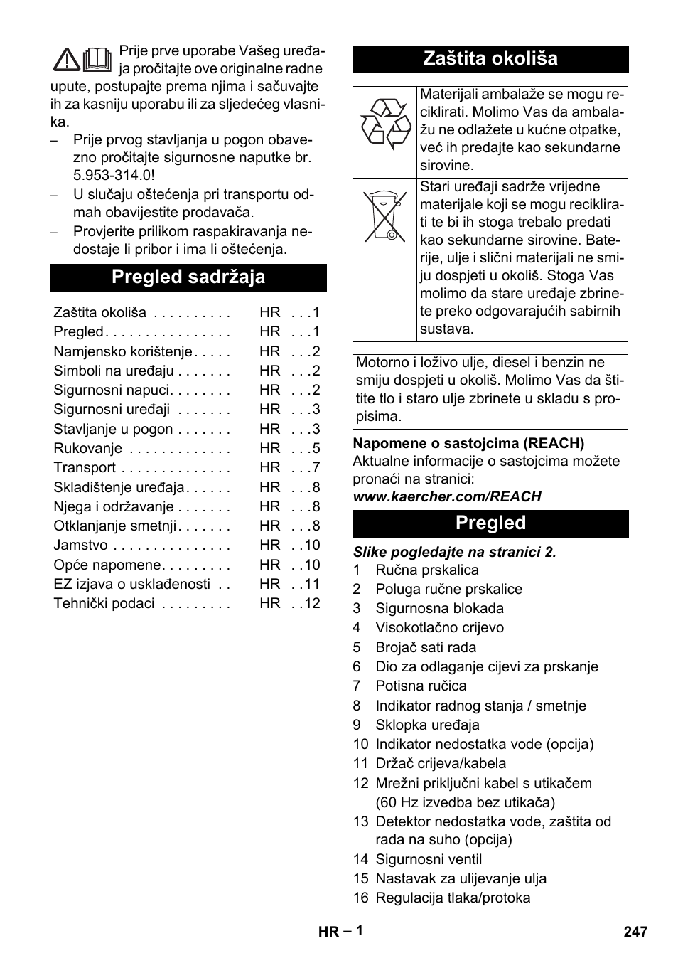 Hrvatski, Pregled sadržaja, Zaštita okoliša | Pregled | Karcher HD 13-35-4 User Manual | Page 247 / 344