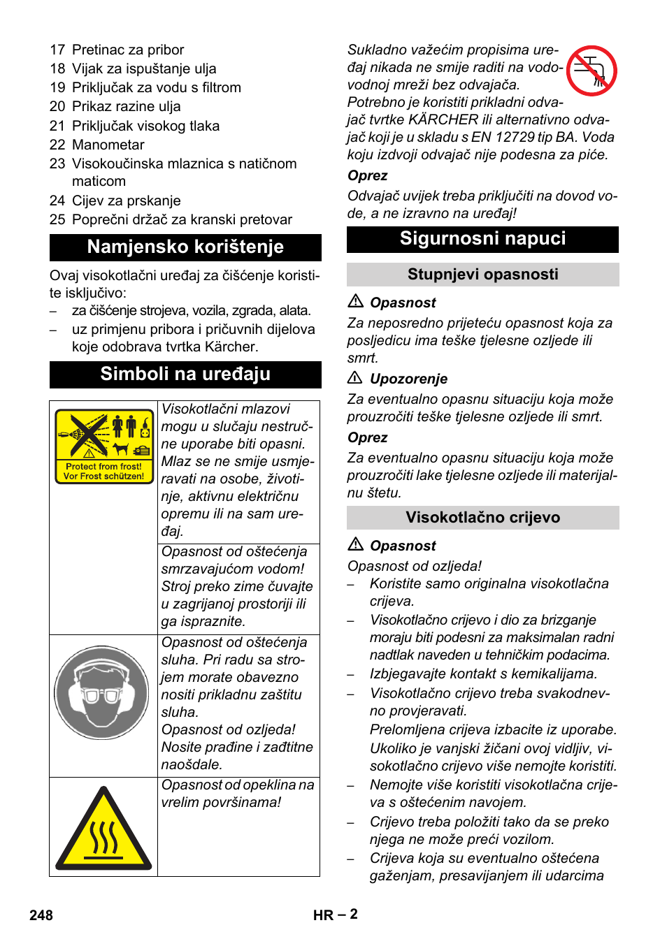 Namjensko korištenje simboli na uređaju, Sigurnosni napuci | Karcher HD 13-35-4 User Manual | Page 248 / 344