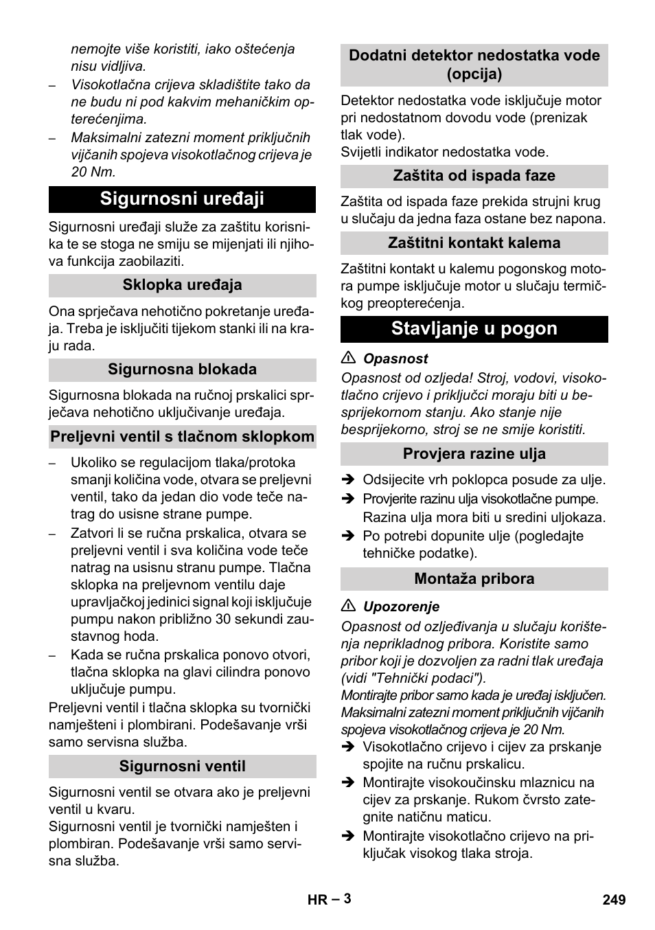 Sigurnosni uređaji, Stavljanje u pogon | Karcher HD 13-35-4 User Manual | Page 249 / 344