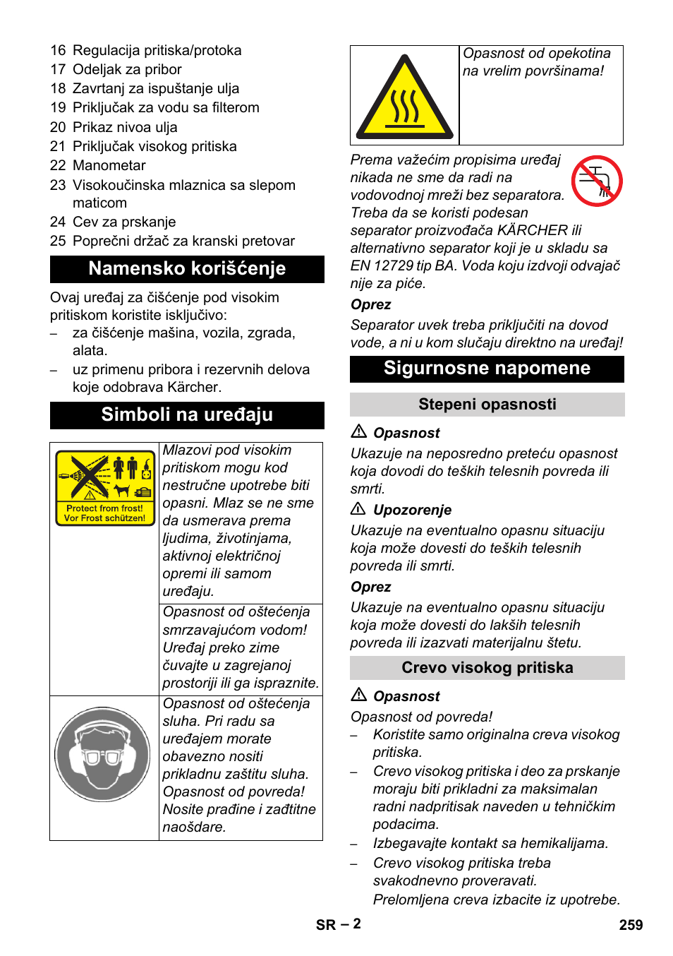 Namensko korišćenje simboli na uređaju, Sigurnosne napomene | Karcher HD 13-35-4 User Manual | Page 259 / 344