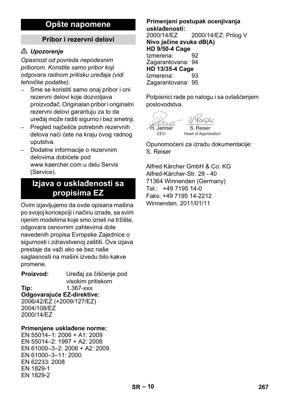 Opšte napomene, Izjava o usklađenosti sa propisima ez | Karcher HD 13-35-4 User Manual | Page 267 / 344