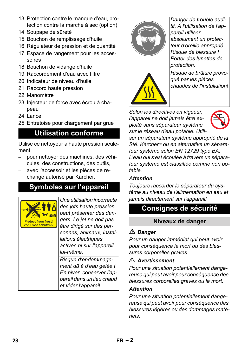 Utilisation conforme symboles sur l'appareil, Consignes de sécurité | Karcher HD 13-35-4 User Manual | Page 28 / 344