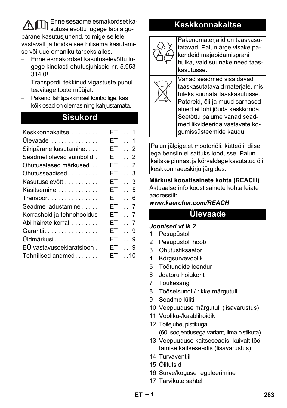 Eesti, Sisukord, Keskkonnakaitse | Ülevaade | Karcher HD 13-35-4 User Manual | Page 283 / 344