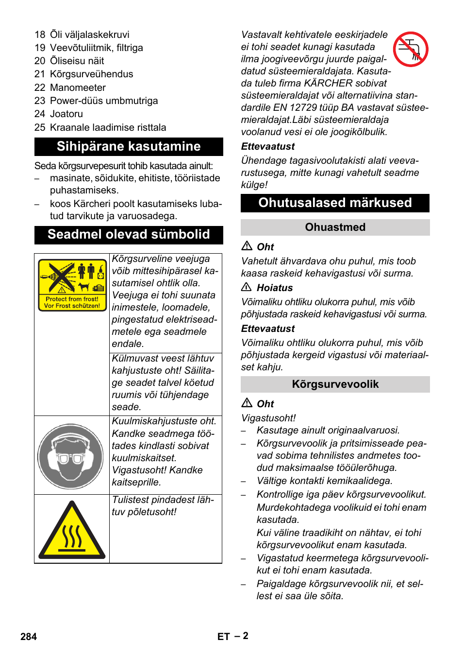 Sihipärane kasutamine seadmel olevad sümbolid, Ohutusalased märkused | Karcher HD 13-35-4 User Manual | Page 284 / 344