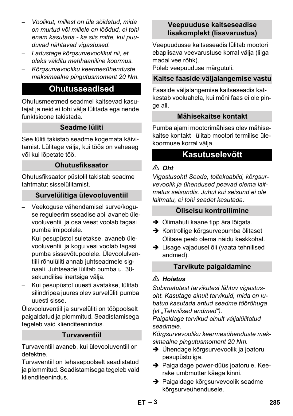 Ohutusseadised, Kasutuselevõtt | Karcher HD 13-35-4 User Manual | Page 285 / 344