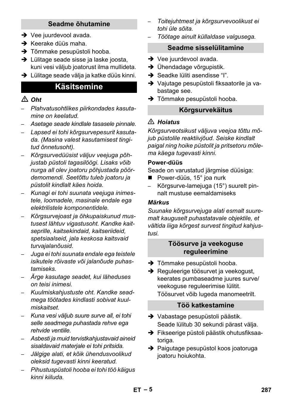 Käsitsemine | Karcher HD 13-35-4 User Manual | Page 287 / 344