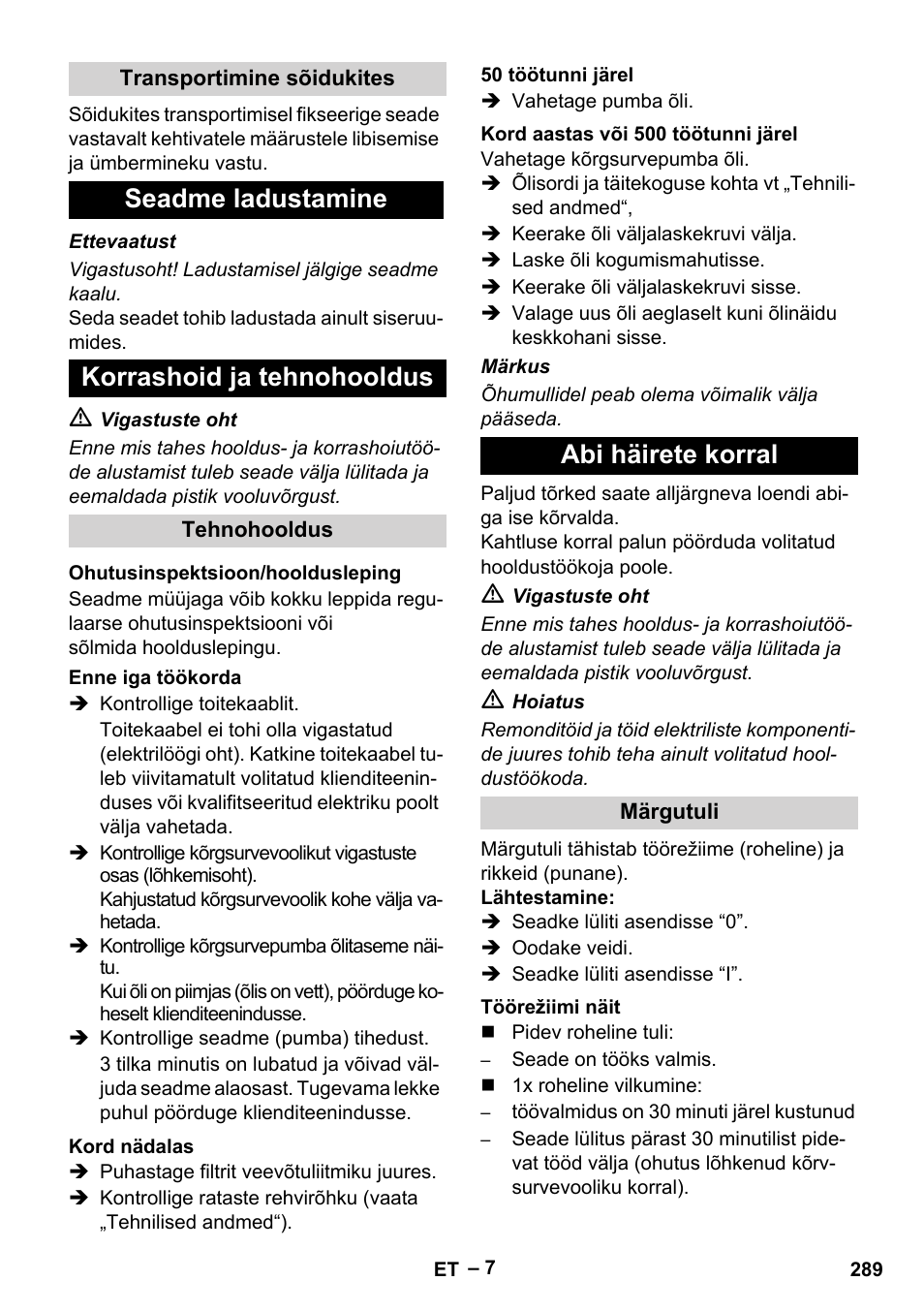 Seadme ladustamine korrashoid ja tehnohooldus, Abi häirete korral | Karcher HD 13-35-4 User Manual | Page 289 / 344