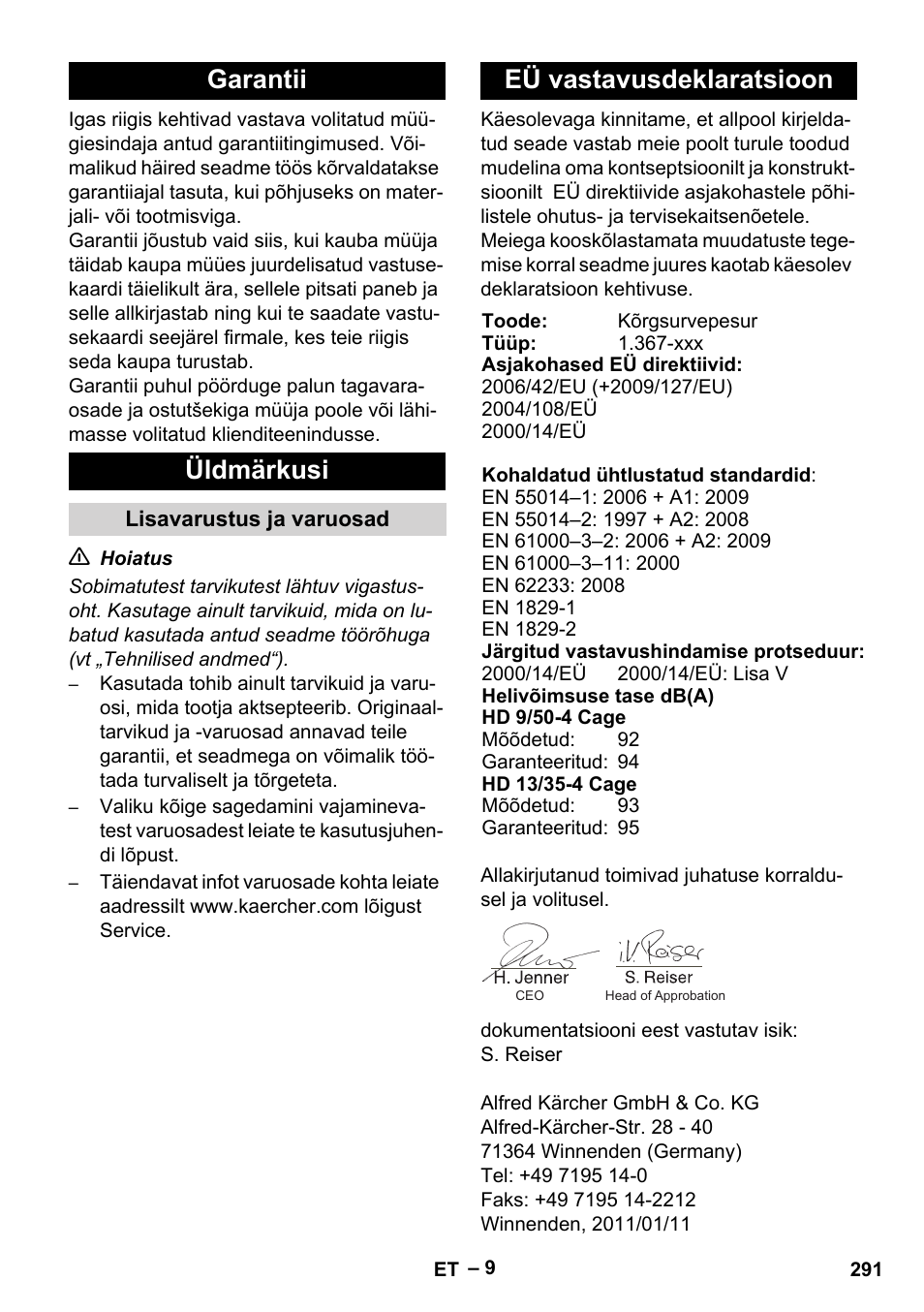 Garantii üldmärkusi, Eü vastavusdeklaratsioon | Karcher HD 13-35-4 User Manual | Page 291 / 344