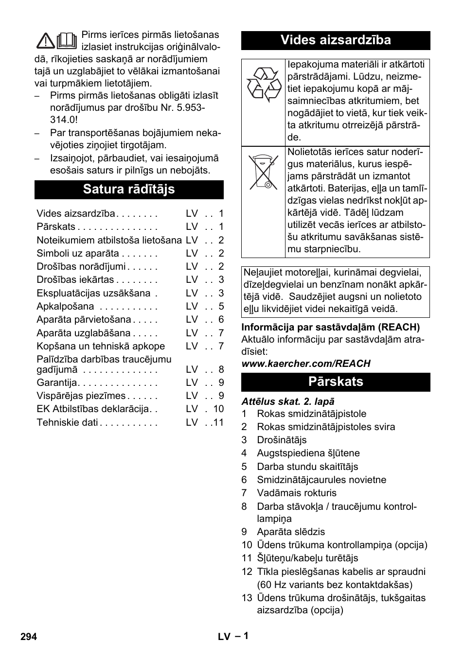 Latviešu, Satura rādītājs, Vides aizsardzība | Pārskats | Karcher HD 13-35-4 User Manual | Page 294 / 344