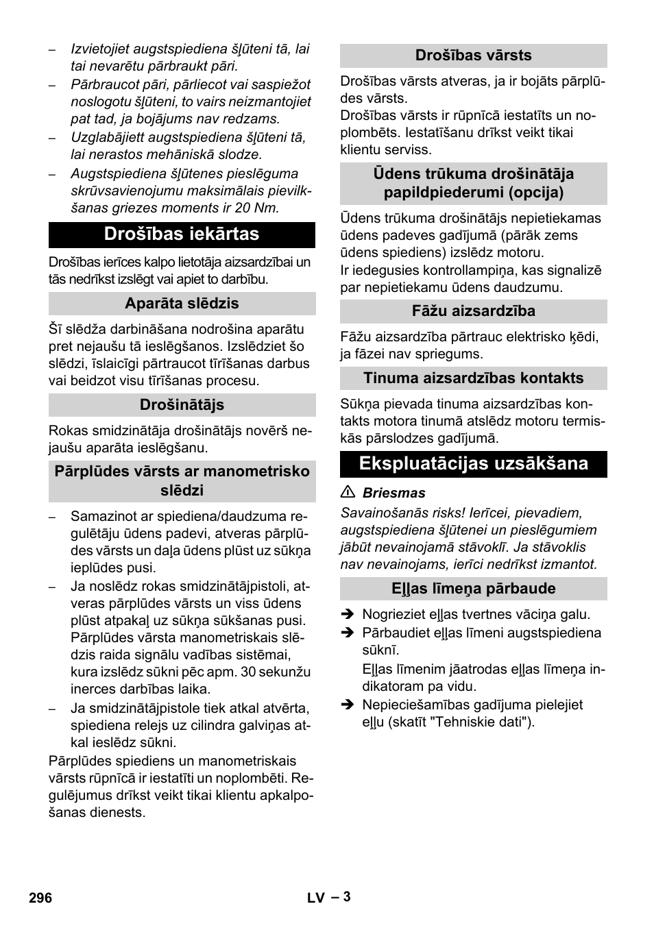 Drošības iekārtas, Ekspluatācijas uzsākšana | Karcher HD 13-35-4 User Manual | Page 296 / 344