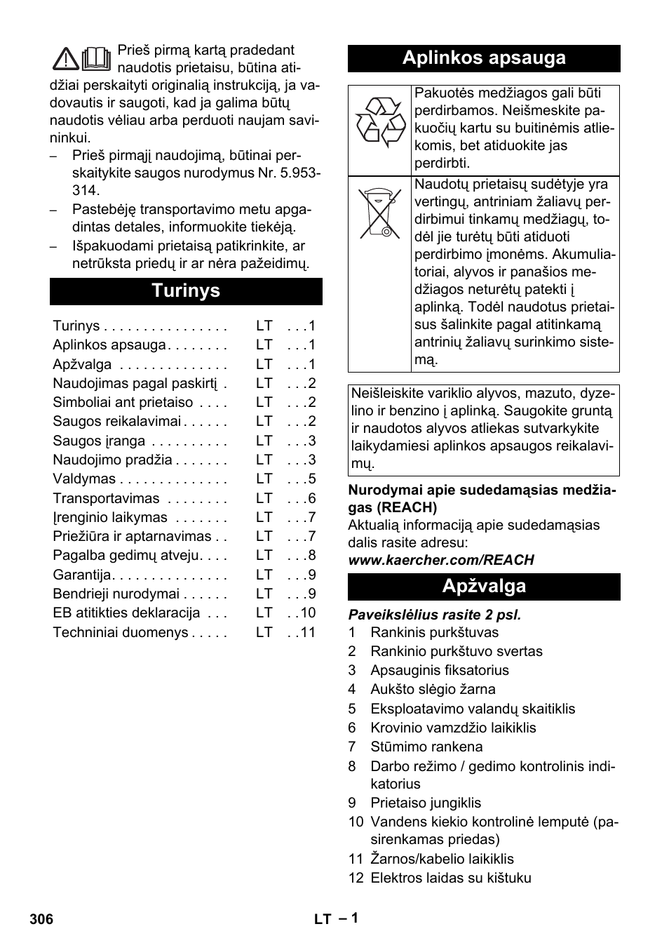 Lietuviškai, Turinys, Aplinkos apsauga | Apžvalga | Karcher HD 13-35-4 User Manual | Page 306 / 344