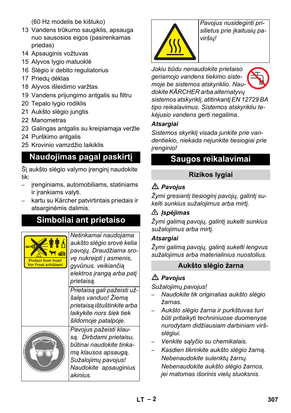 Naudojimas pagal paskirtį simboliai ant prietaiso, Saugos reikalavimai | Karcher HD 13-35-4 User Manual | Page 307 / 344