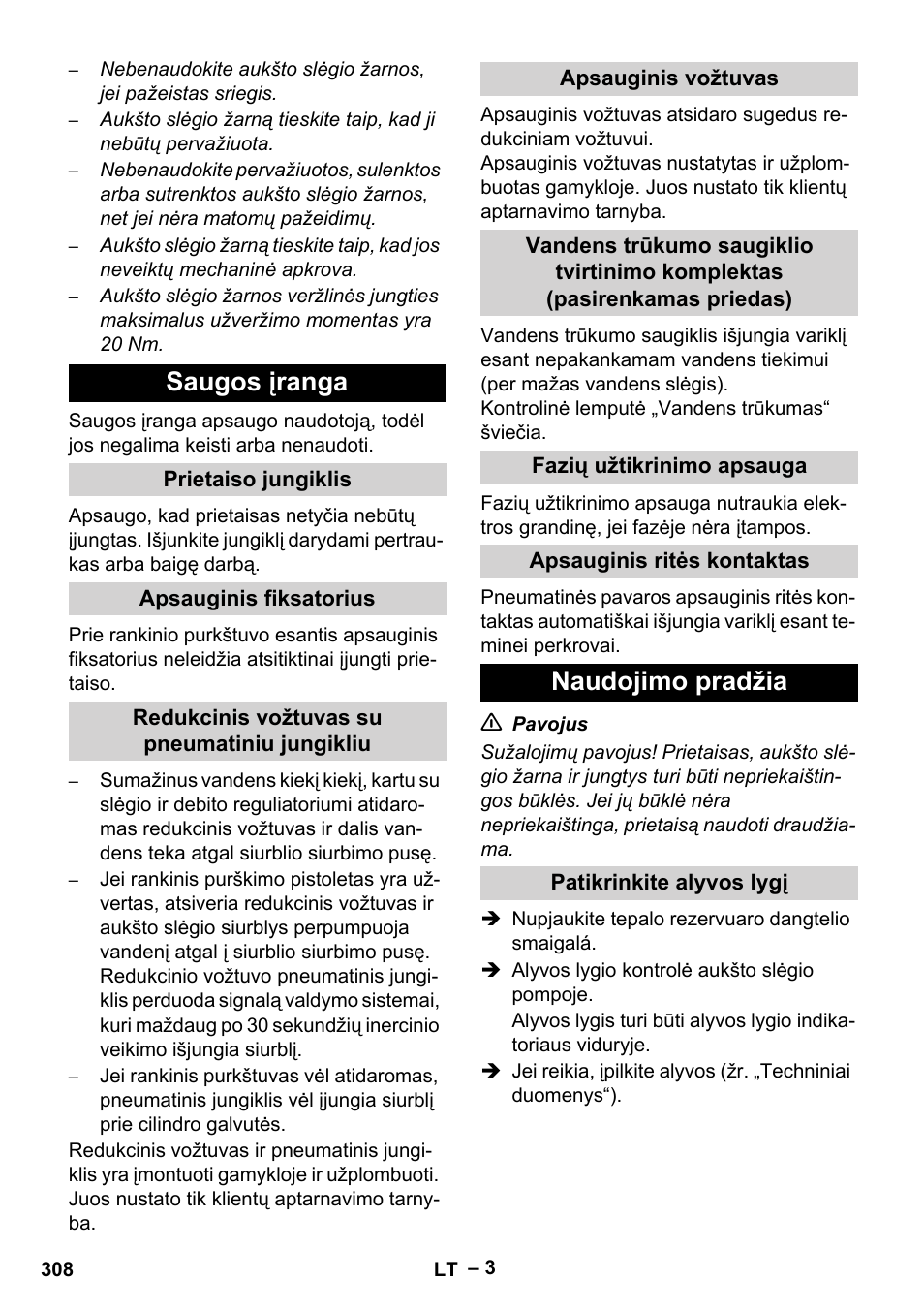 Saugos įranga, Naudojimo pradžia | Karcher HD 13-35-4 User Manual | Page 308 / 344