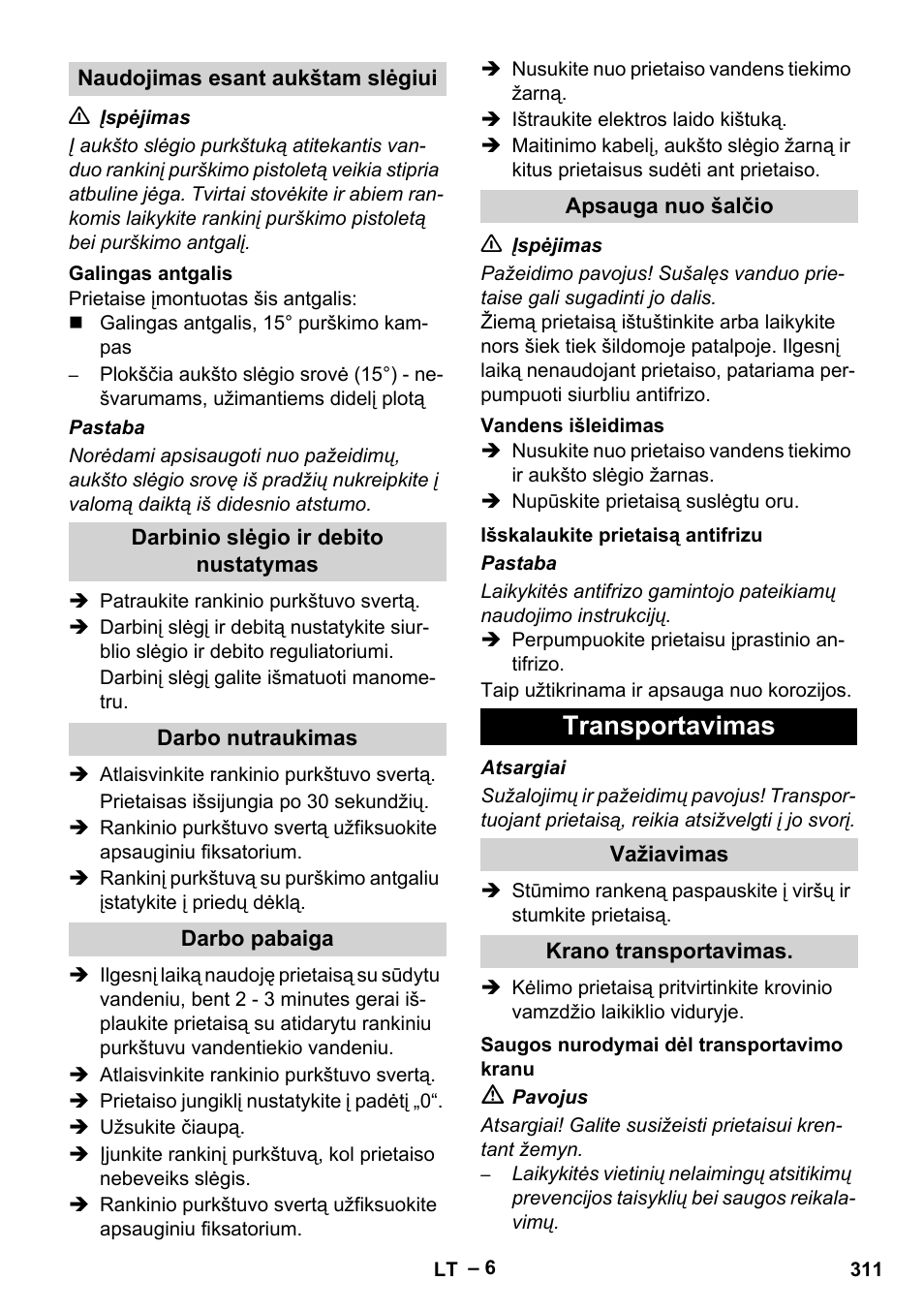 Transportavimas | Karcher HD 13-35-4 User Manual | Page 311 / 344