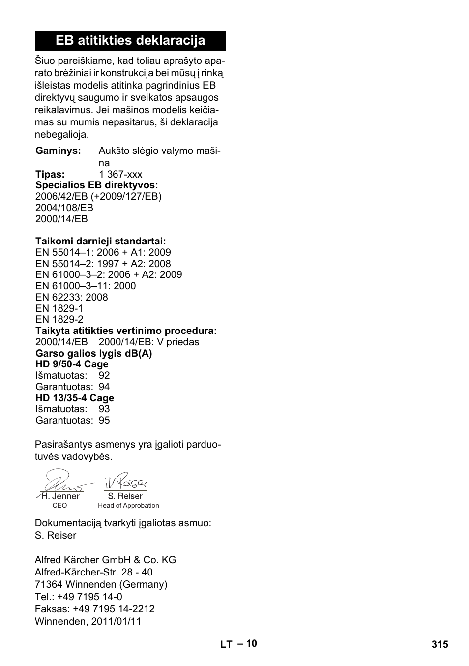 Eb atitikties deklaracija | Karcher HD 13-35-4 User Manual | Page 315 / 344