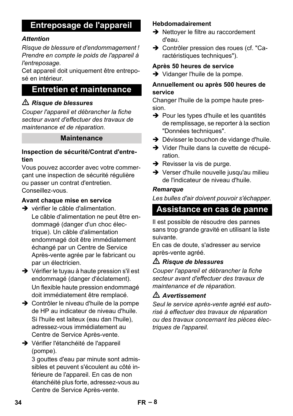 Entreposage de l'appareil entretien et maintenance, Assistance en cas de panne | Karcher HD 13-35-4 User Manual | Page 34 / 344