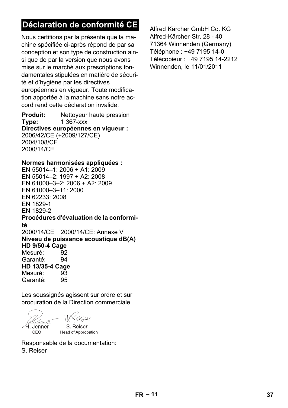 Déclaration de conformité ce | Karcher HD 13-35-4 User Manual | Page 37 / 344