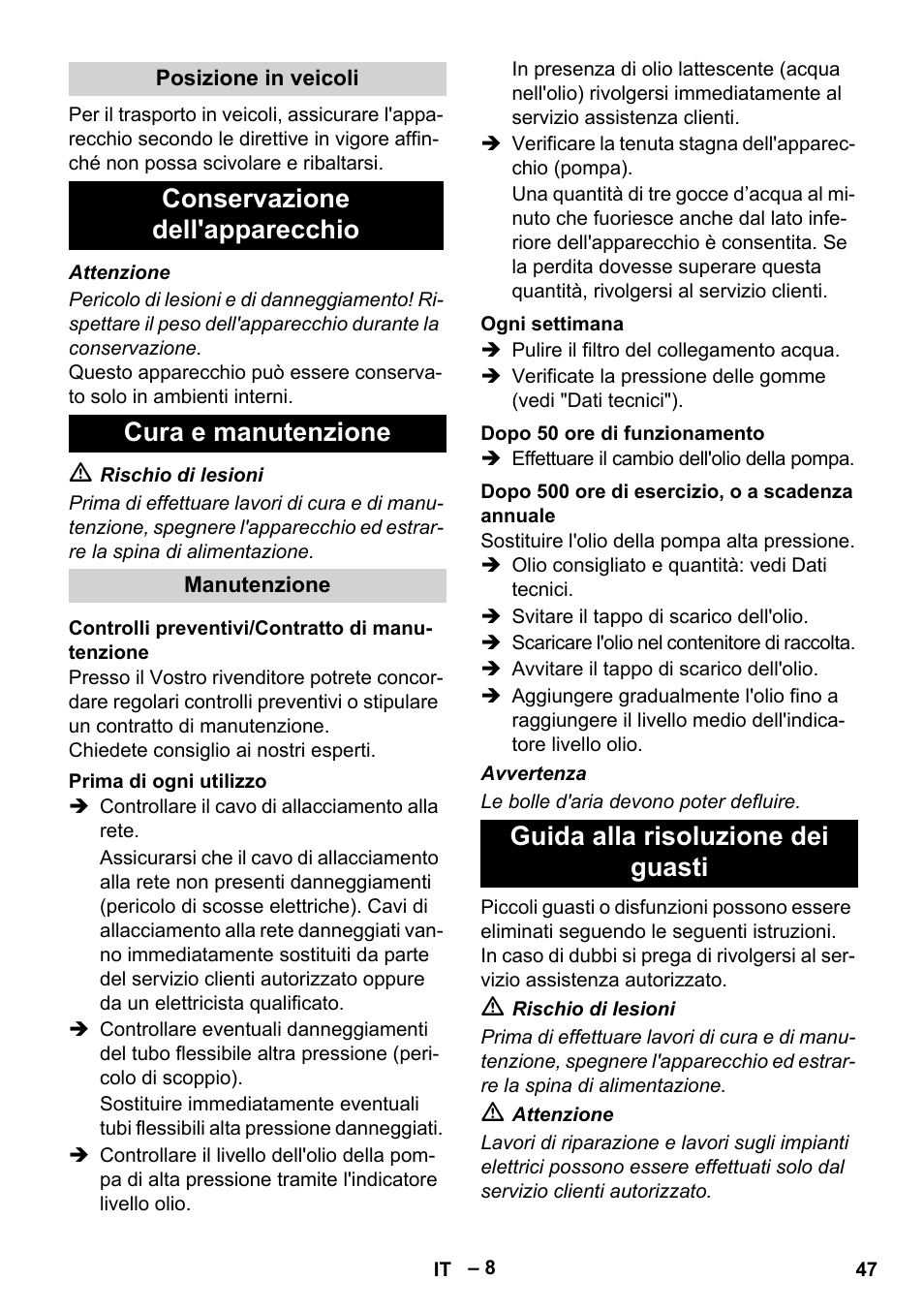 Conservazione dell'apparecchio cura e manutenzione, Guida alla risoluzione dei guasti | Karcher HD 13-35-4 User Manual | Page 47 / 344