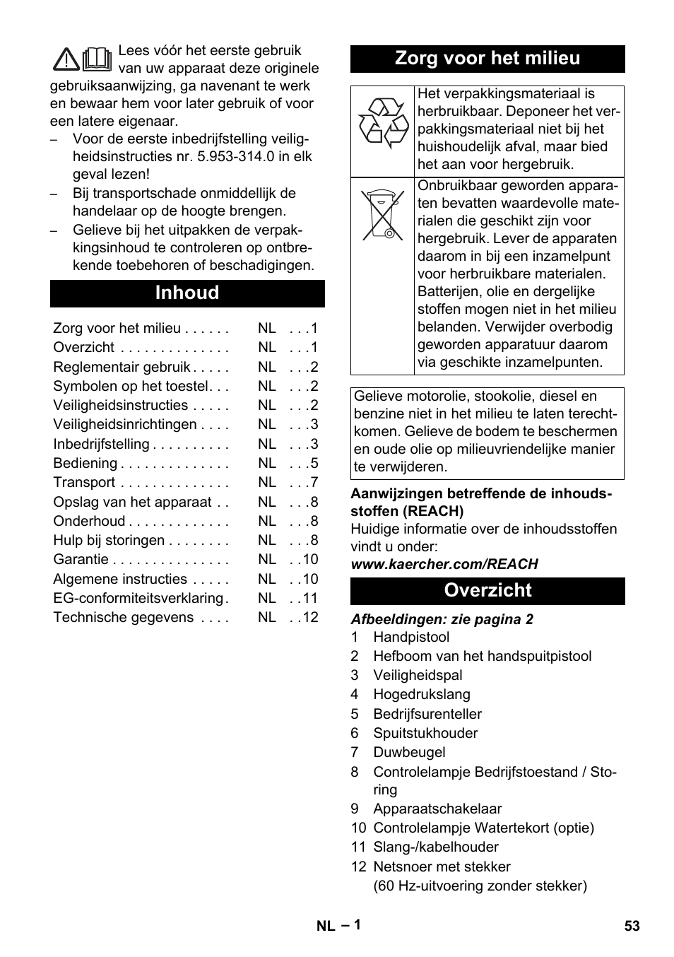 Nederlands, Inhoud, Zorg voor het milieu | Overzicht | Karcher HD 13-35-4 User Manual | Page 53 / 344