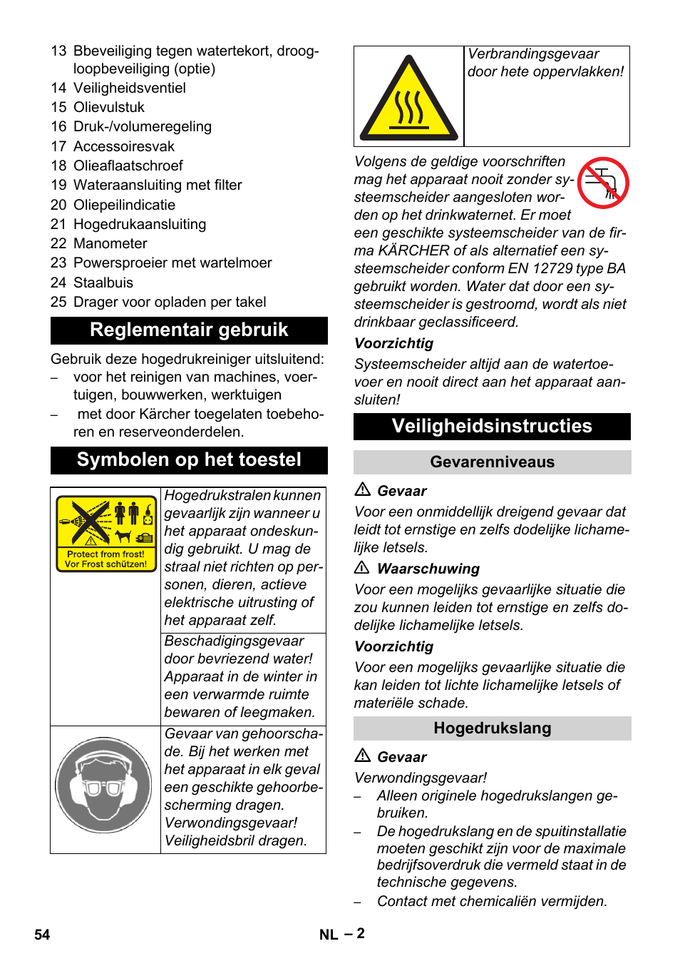 Reglementair gebruik symbolen op het toestel, Veiligheidsinstructies | Karcher HD 13-35-4 User Manual | Page 54 / 344