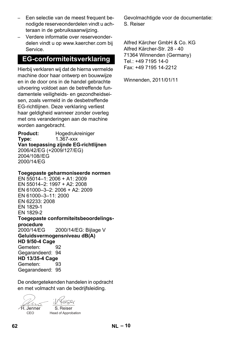 Eg-conformiteitsverklaring | Karcher HD 13-35-4 User Manual | Page 62 / 344