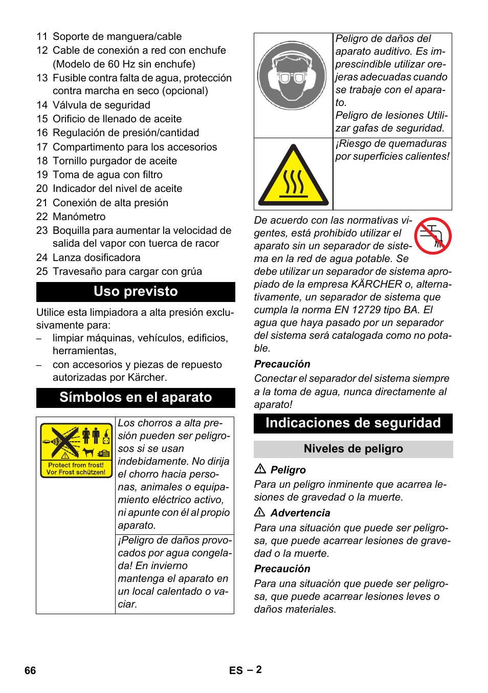 Uso previsto símbolos en el aparato, Indicaciones de seguridad | Karcher HD 13-35-4 User Manual | Page 66 / 344