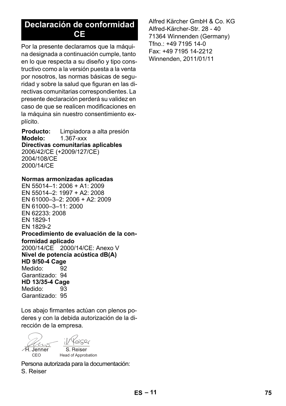 Declaración de conformidad ce | Karcher HD 13-35-4 User Manual | Page 75 / 344