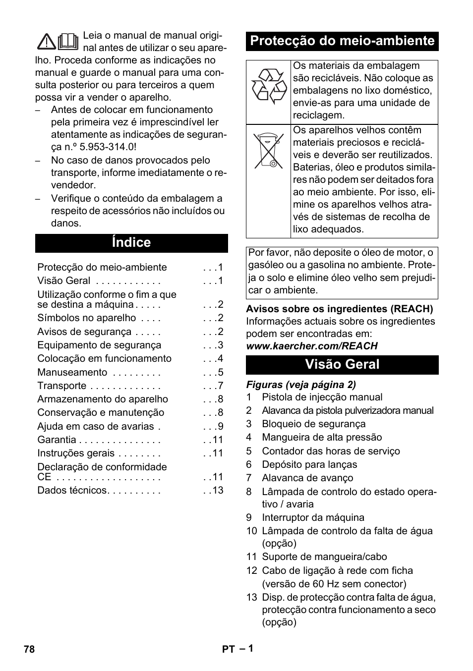 Português, Índice, Protecção do meio-ambiente | Visão geral | Karcher HD 13-35-4 User Manual | Page 78 / 344