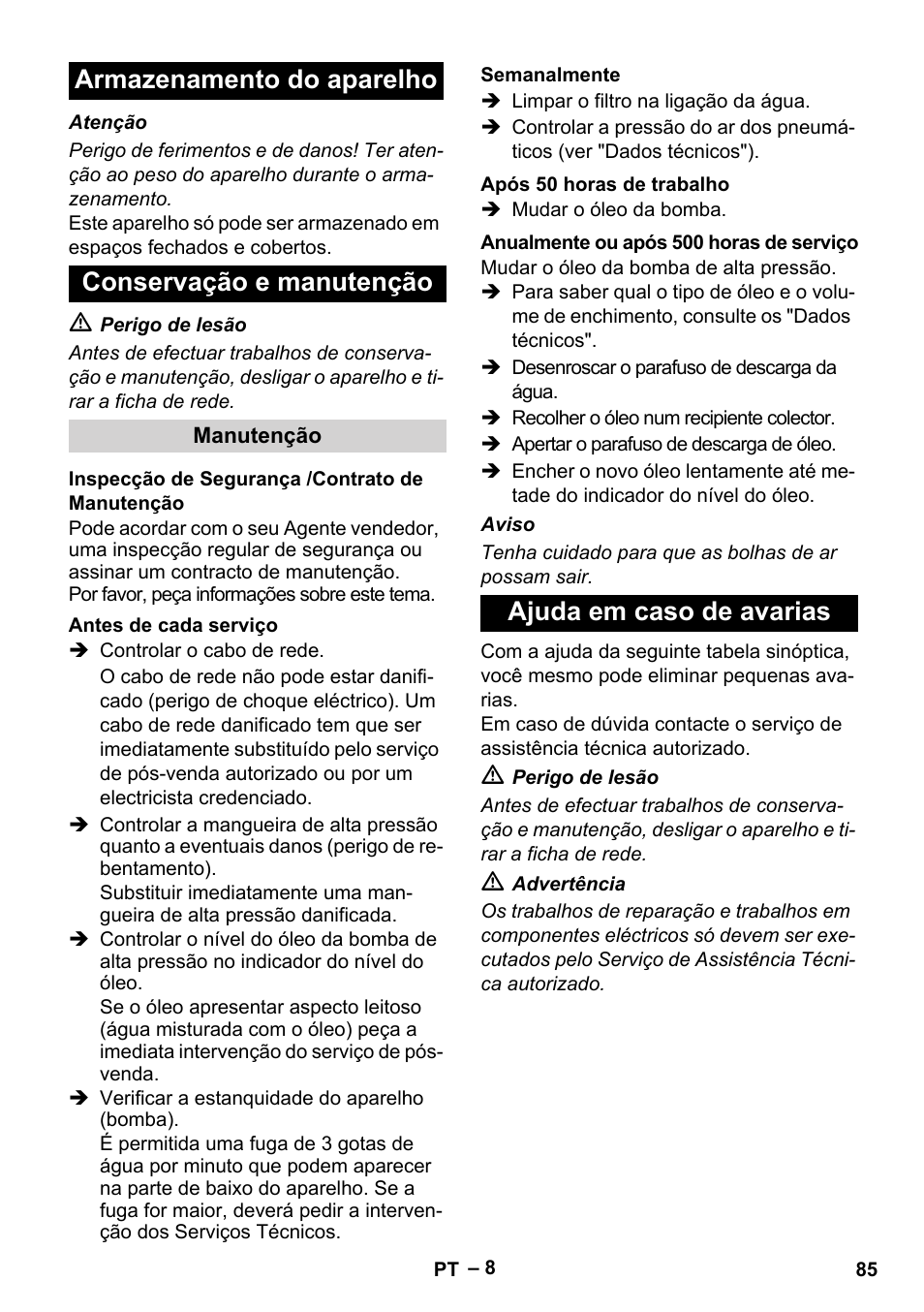Armazenamento do aparelho conservação e manutenção, Ajuda em caso de avarias | Karcher HD 13-35-4 User Manual | Page 85 / 344