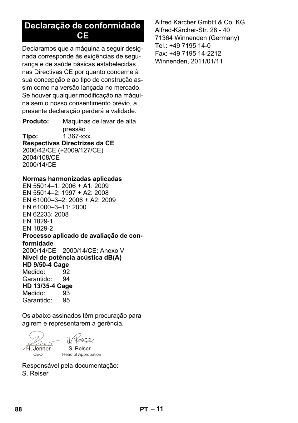 Declaração de conformidade ce | Karcher HD 13-35-4 User Manual | Page 88 / 344