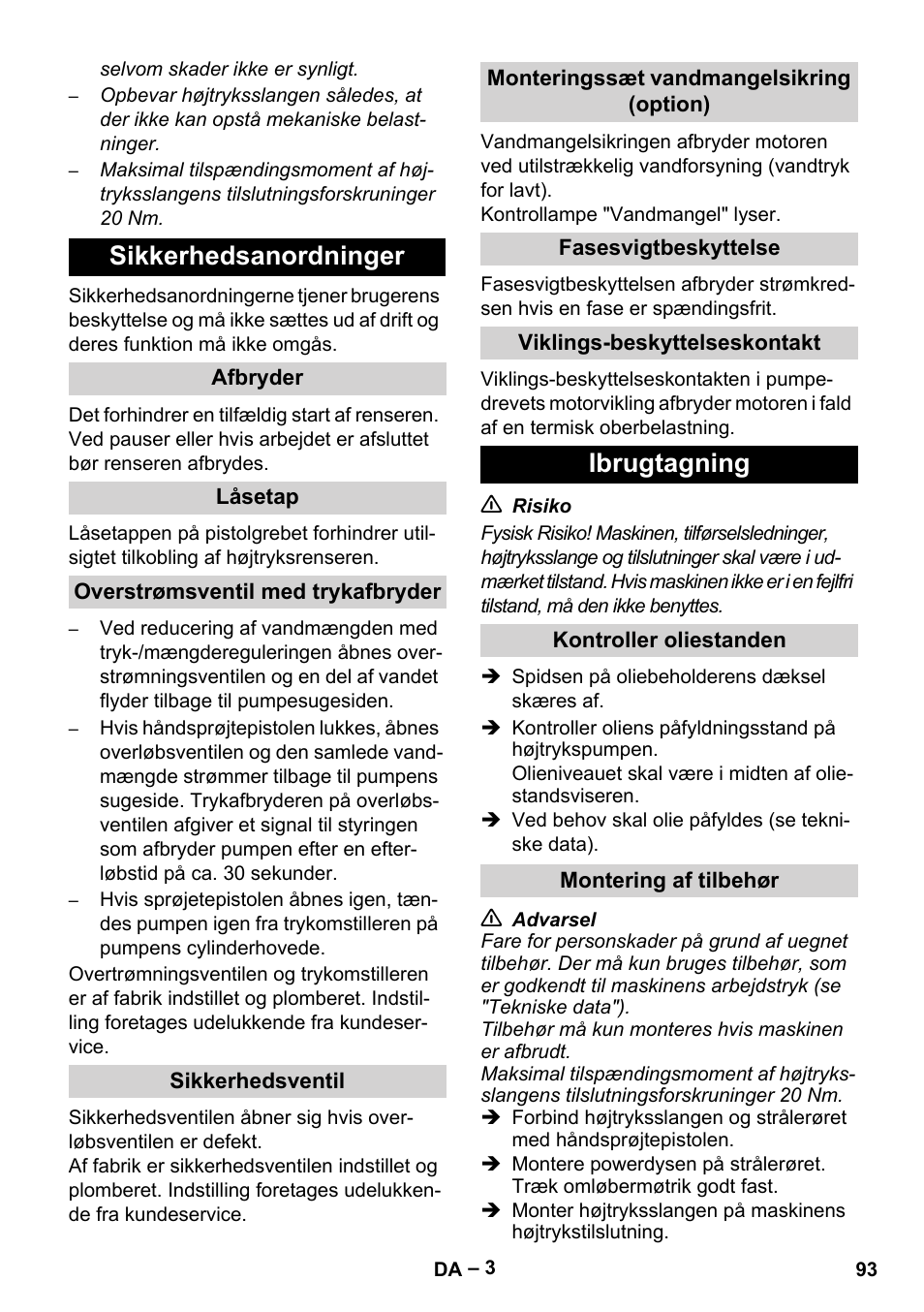 Sikkerhedsanordninger, Ibrugtagning | Karcher HD 13-35-4 User Manual | Page 93 / 344