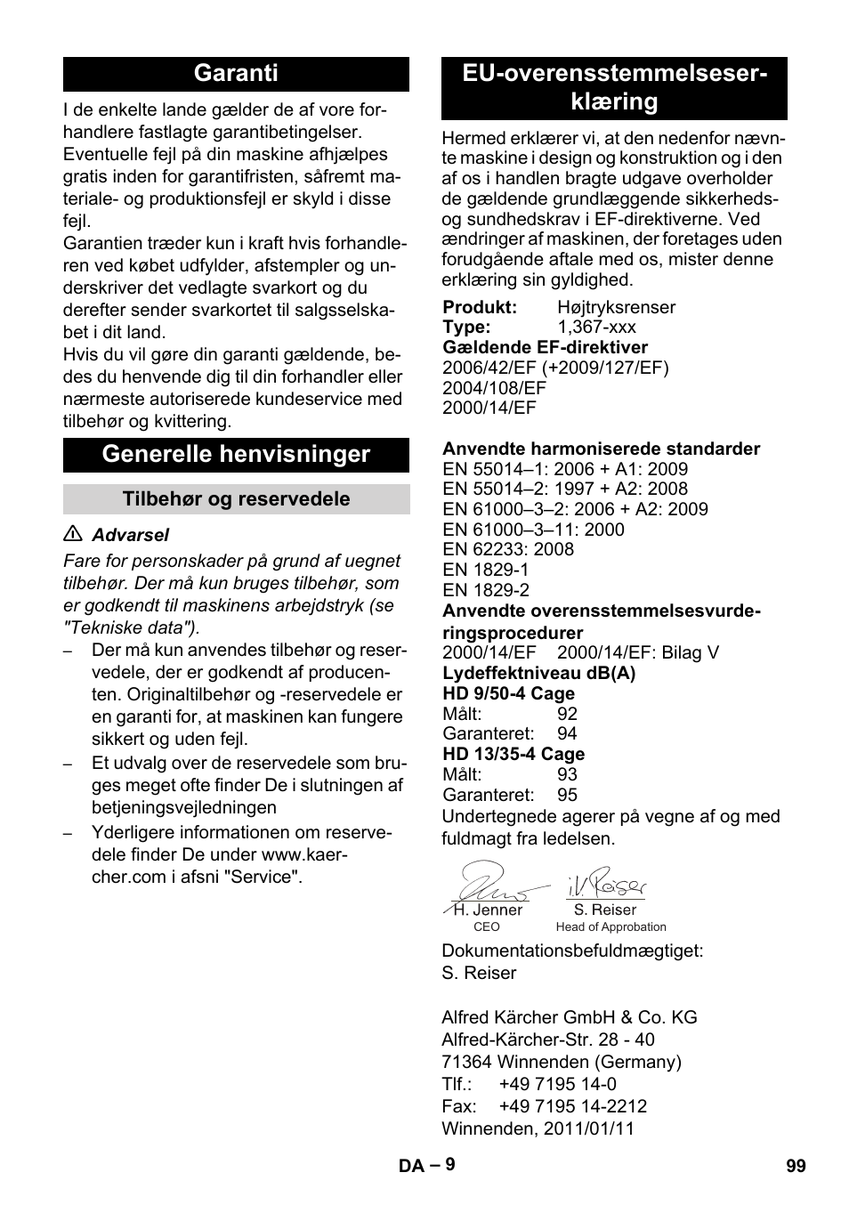 Garanti generelle henvisninger, Eu-overensstemmelseser- klæring | Karcher HD 13-35-4 User Manual | Page 99 / 344