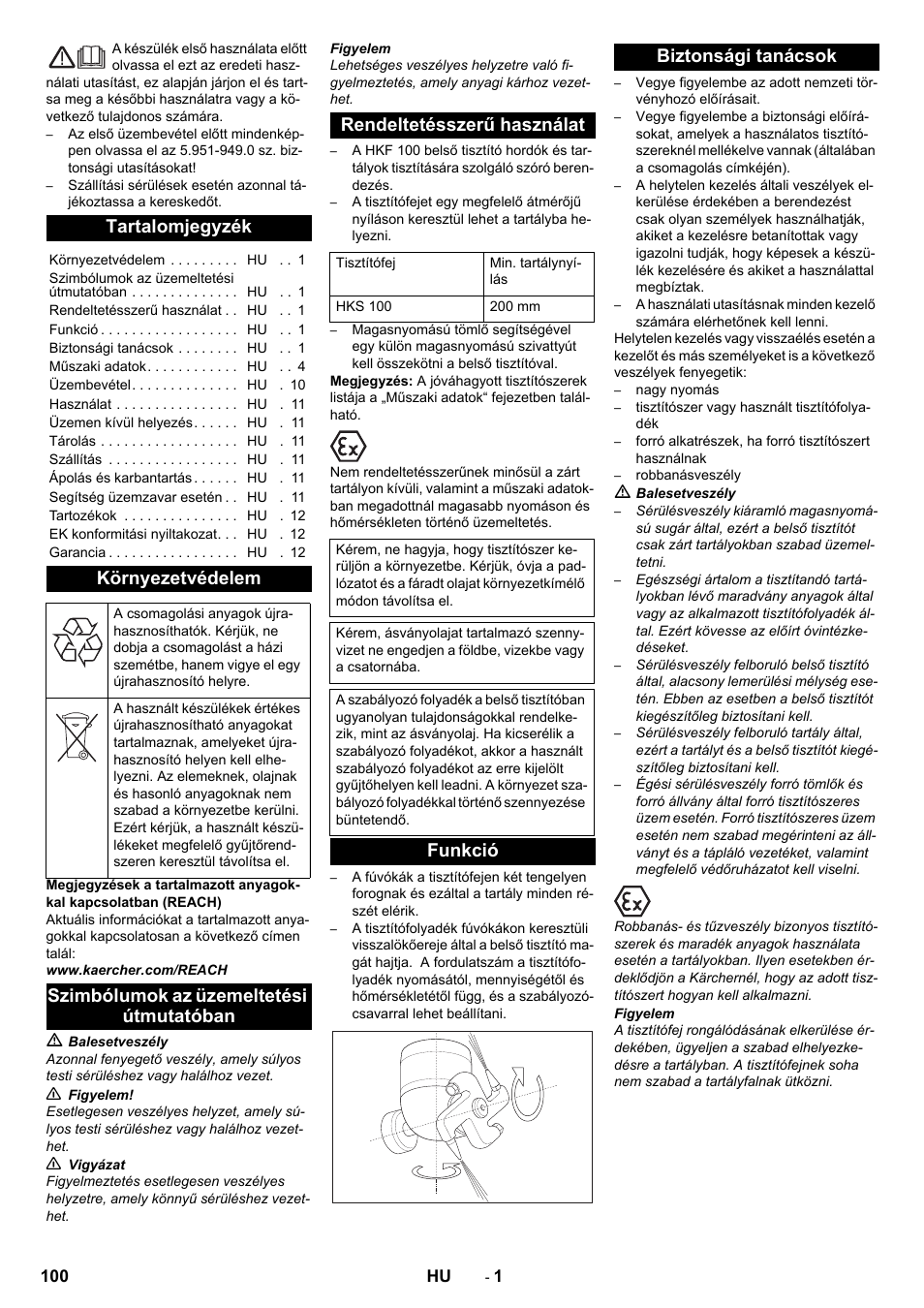 Magyar, Tartalomjegyzék, Környezetvédelem | Szimbólumok az üzemeltetési útmutatóban, Rendeltetésszerű használat, Funkció, Biztonsági tanácsok, Funkció biztonsági tanácsok | Karcher HKS 100 LM User Manual | Page 100 / 124