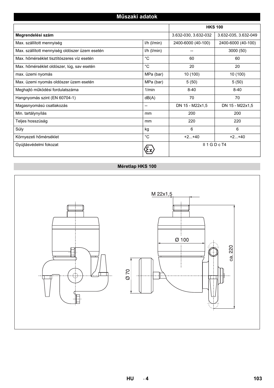 Műszaki adatok, Méretlap hks 100 | Karcher HKS 100 LM User Manual | Page 103 / 124