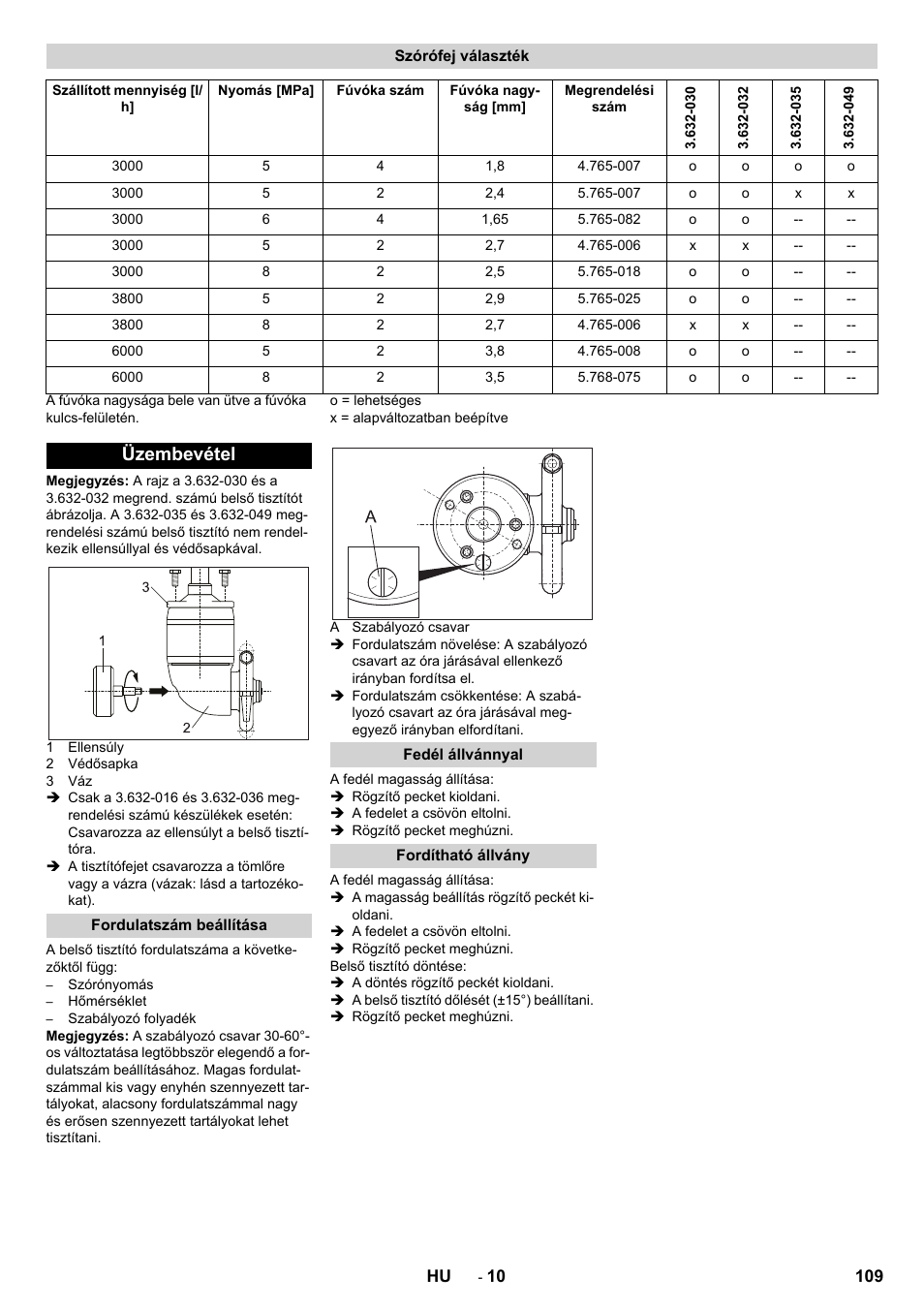 Szórófej választék, Üzembevétel, Fordulatszám beállítása | Fedél állvánnyal, Fordítható állvány | Karcher HKS 100 LM User Manual | Page 109 / 124