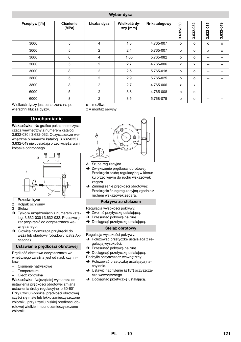 Wybór dysz, Uruchamianie, Ustawianie prędkości obrotowej | Pokrywa ze stelażem, Stelaż obrotowy | Karcher HKS 100 LM User Manual | Page 121 / 124