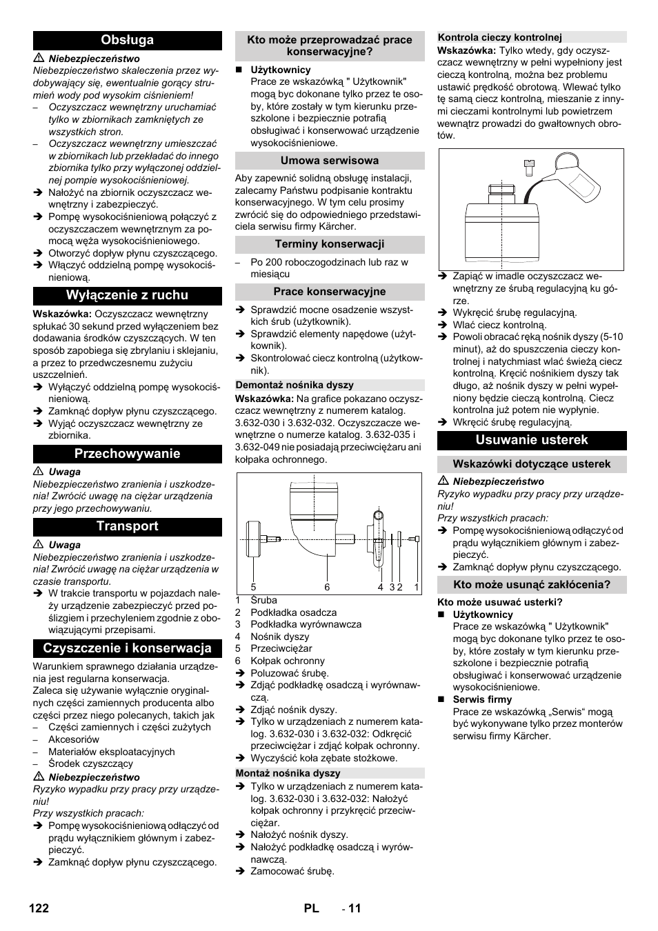 Obsługa, Wyłączenie z ruchu, Przechowywanie | Transport, Czyszczenie i konserwacja, Kto może przeprowadzać prace konserwacyjne, Umowa serwisowa, Terminy konserwacji, Prace konserwacyjne, Demontaż nośnika dyszy | Karcher HKS 100 LM User Manual | Page 122 / 124