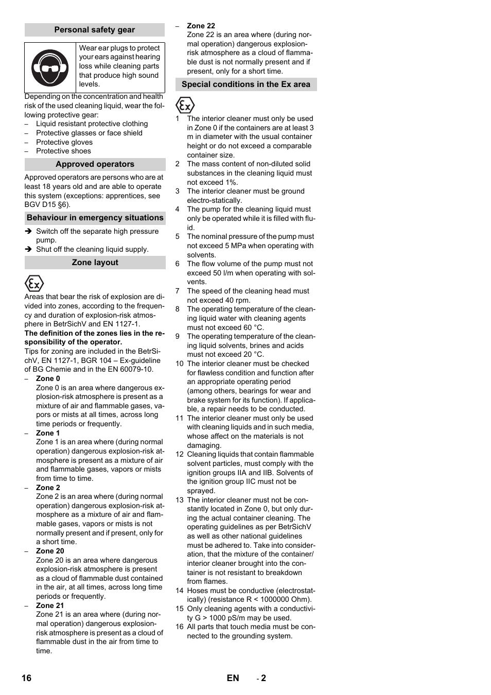 Personal safety gear, Approved operators, Behaviour in emergency situations | Zone layout, Special conditions in the ex area | Karcher HKS 100 LM User Manual | Page 16 / 124