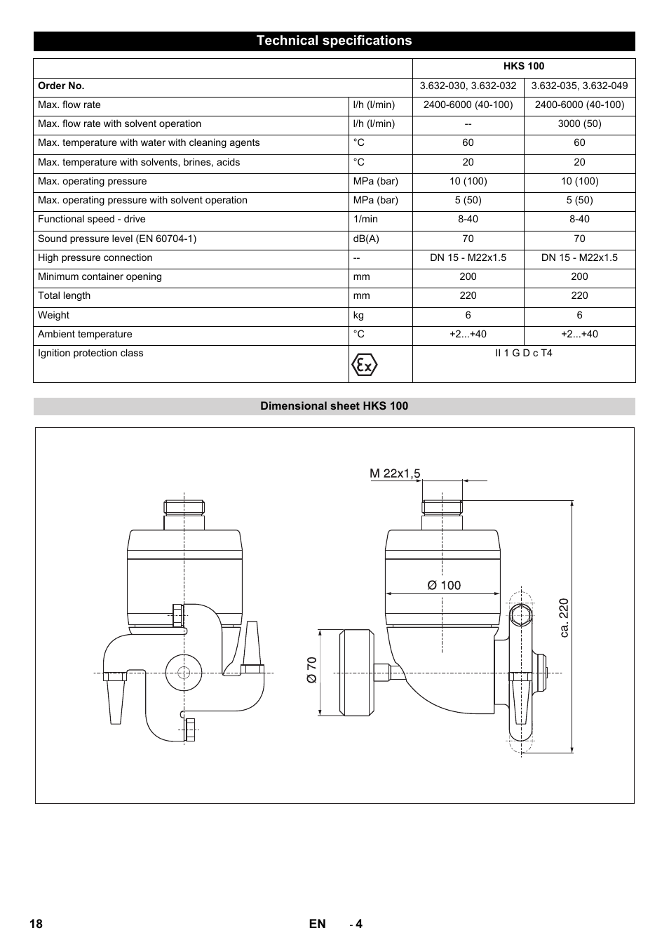 Technical specifications, Dimensional sheet hks 100 | Karcher HKS 100 LM User Manual | Page 18 / 124