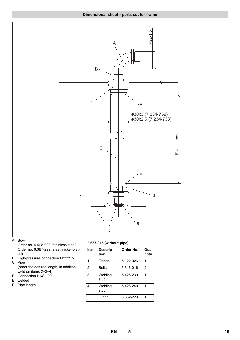 Dimensional sheet - parts set for frame | Karcher HKS 100 LM User Manual | Page 19 / 124