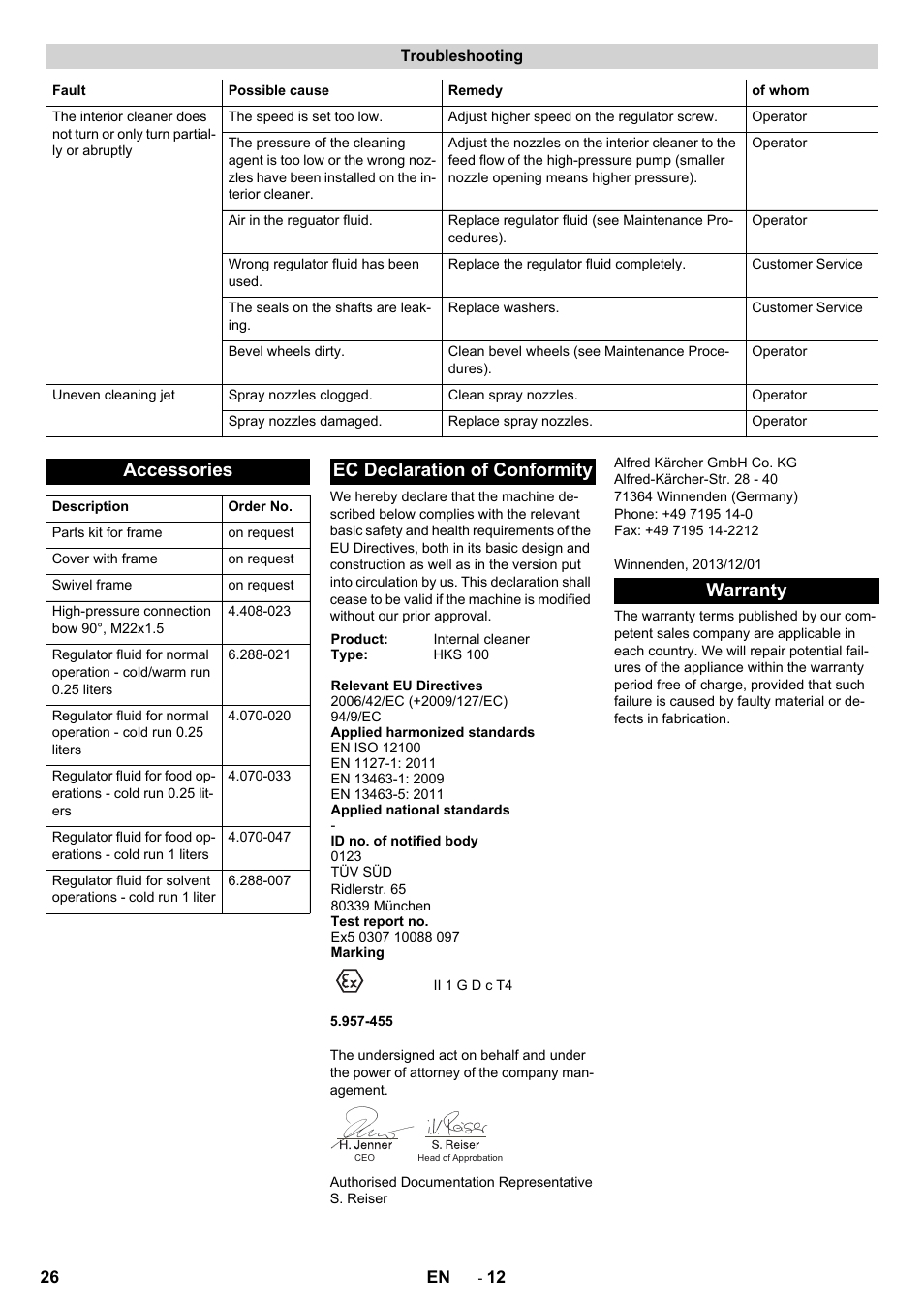 Troubleshooting, Accessories, Ec declaration of conformity | Warranty | Karcher HKS 100 LM User Manual | Page 26 / 124