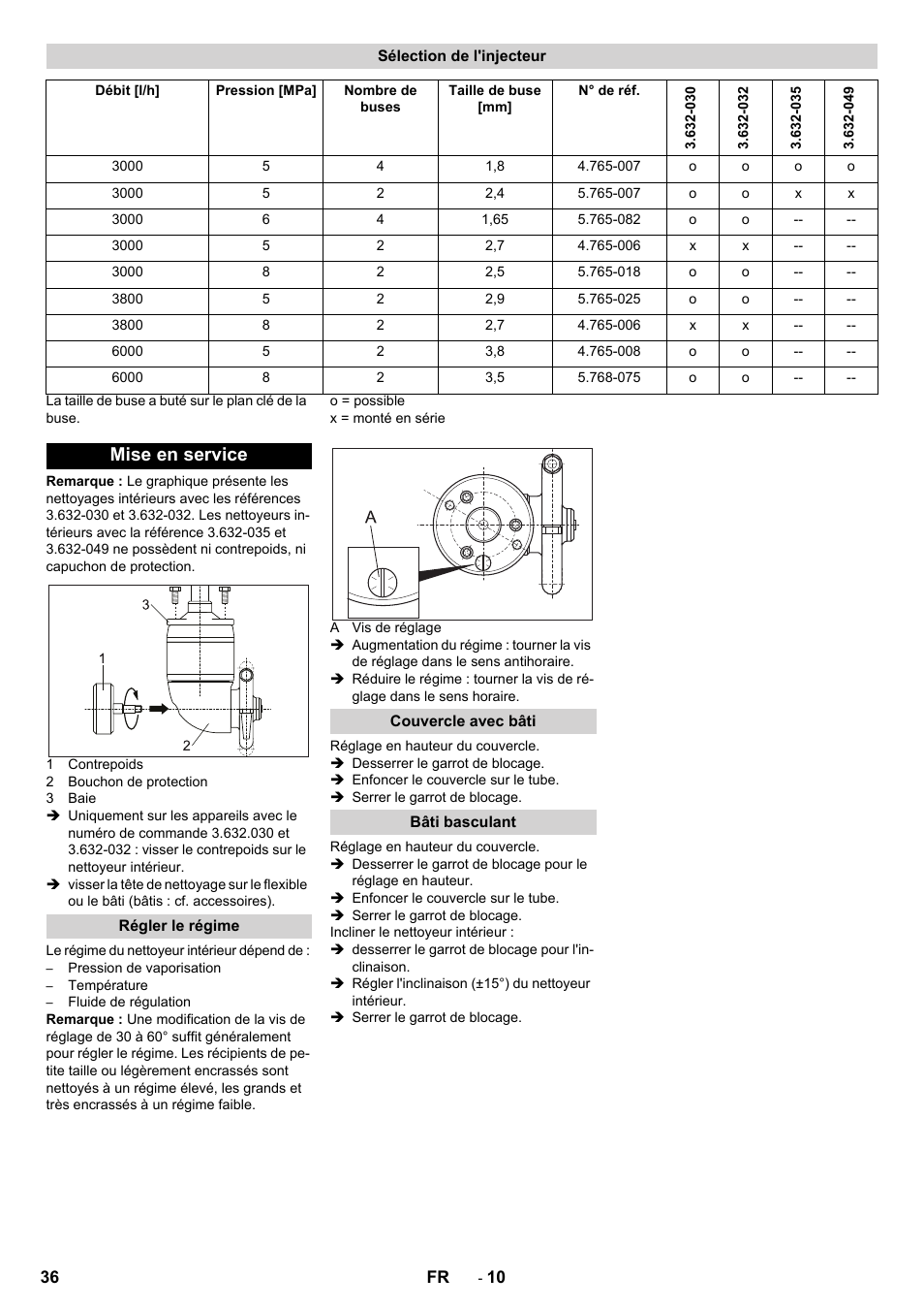 Sélection de l'injecteur, Mise en service, Régler le régime | Couvercle avec bâti, Bâti basculant | Karcher HKS 100 LM User Manual | Page 36 / 124