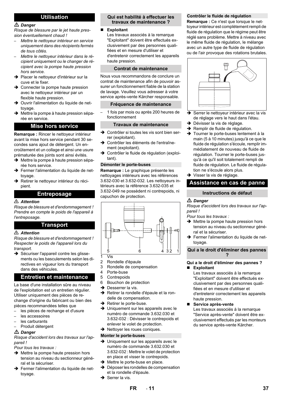 Utilisation, Mise hors service, Entreposage | Transport, Entretien et maintenance, Contrat de maintenance, Fréquence de maintenance, Travaux de maintenance, Démonter le porte-buses, Monter le porte-buses | Karcher HKS 100 LM User Manual | Page 37 / 124