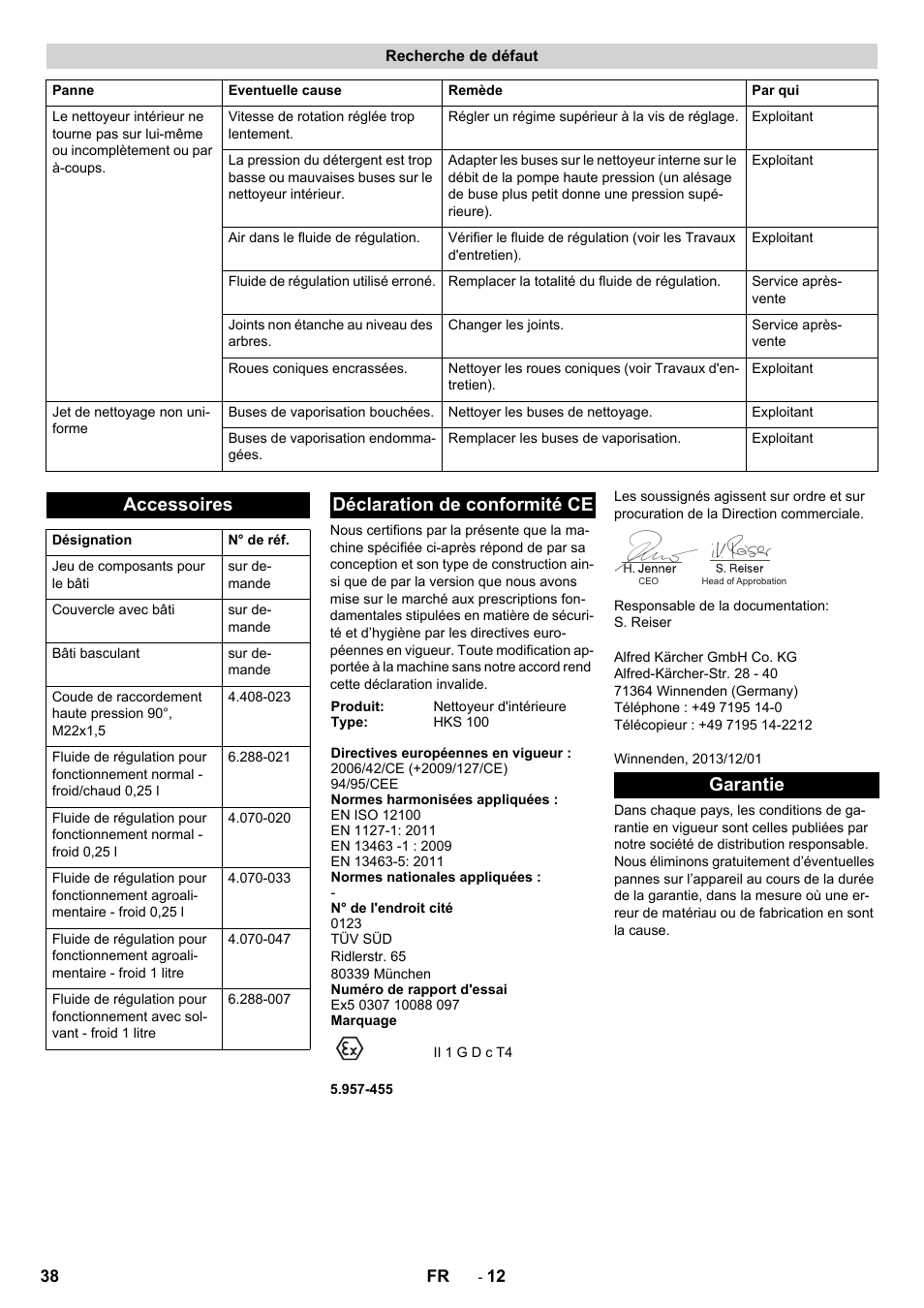 Recherche de défaut, Accessoires, Déclaration de conformité ce | Garantie | Karcher HKS 100 LM User Manual | Page 38 / 124